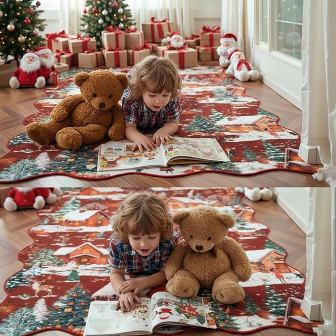Wonnitar Christmas 2x3 Entryway Rug, Non Slip Washable Small Kitchen Rugs, Soft Christmas Winter Reindeer Door Mat Indoor Entrance, Scalloped Area Rug for Bathroom Bedside Holiday Decor (Red,2'x3')