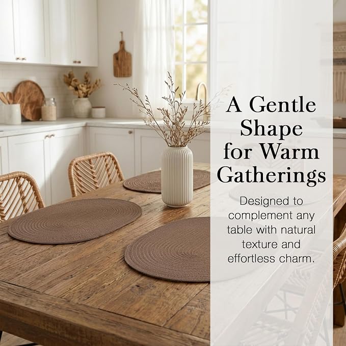 Placemats Set of 6, Woven Oval Braided Dining Table Mats(Chocolate Brown) | 12 x 17.5 Inch Size Fits Plates and Flatware; Hand Washable and Heat Resistant for Kitchen Use, with Farmhouse and Boho Style