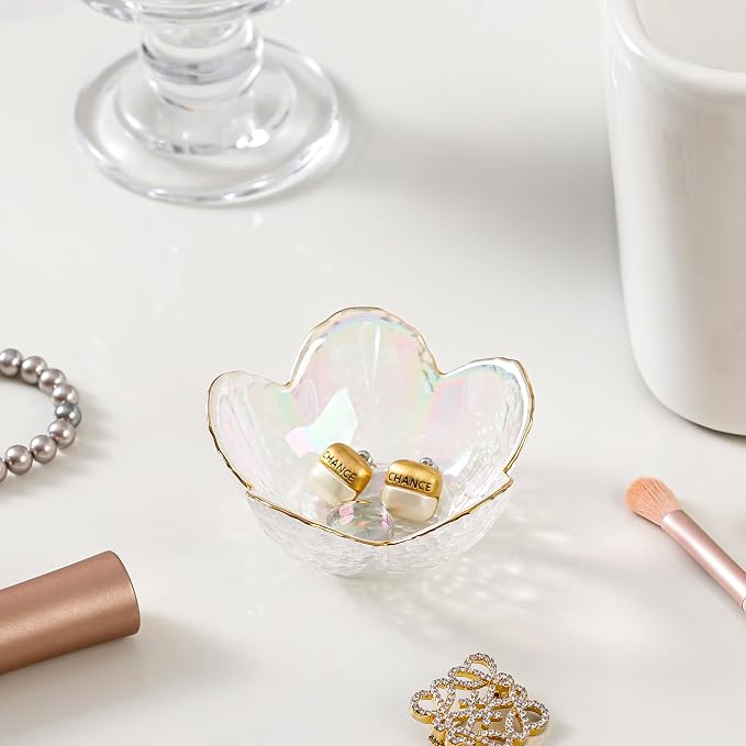 White Flower Jewelry Dish Glass Ring Dish Jewelry Tray Cute Vanity Organizer Room Decor Aesthetic Nightstand Bathroom Decor Trinket Dish Ring Holder Jewellery Tray Valentine's Birthday Gifts for Women
