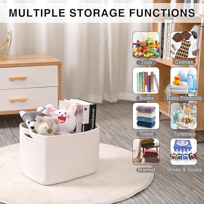 ICERZCZ Storage Baskets for Organizing Shelves 15x11x9.5 Off White 3 Packs | Woven Cotton Rope Bins for Baby Nursery Organization, Book Toy Towel Organizer, Living Room, Bedroom, Bathroom, Kid's Room