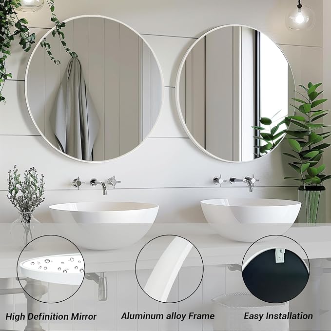 18 inch Round Mirror, Small Circle Mirror, Matte White Metal Frame | Durable, Rust-resistant, High Definition Mirror, Easy Installation, Suitable for Vanity, Nursery, Bedroom, Bathroom