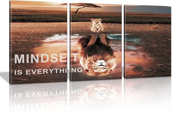 KAWAHONE Motivational Lion King Mindset Wall Art Gold, Success Cat Reflect Lion Mindset is Everything Quotes Poster Positive Affirmation Wall Decor Inspirational Canvas Painting Wall Hanging Picture