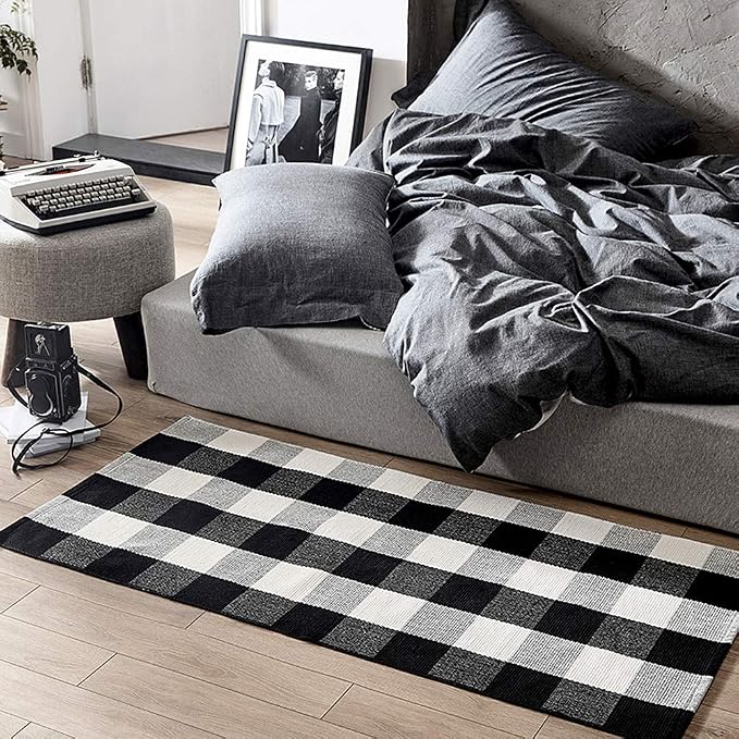 LEVINIS Black and White Doormat Farmhouse- Durable and Washable Cotton Farmhouse Layered Doormats Outdoor Buffalo Plaid Rugs for Porch/Kitchen/Entry Way/Laundry Room/Bathroom 51.2''x23.6''