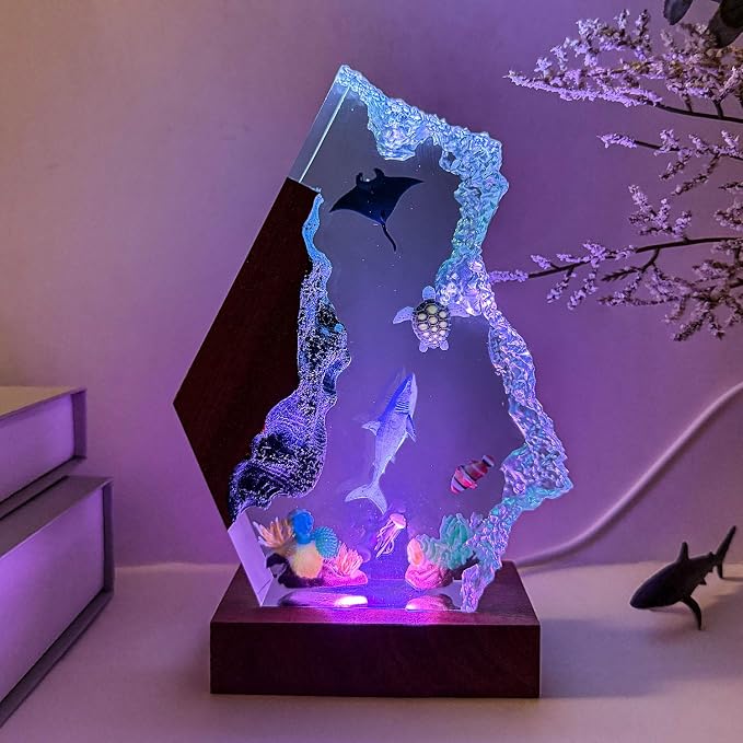 Handmade Shark Resin Ocean Lamp with Woodden Base