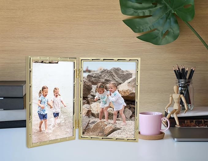 YiPinYin Gold 5x7‘’ Bamboo Detail Design Double Picture Frame,Elegant Narrow Profile Gold Plated Photo Frames With Soft Touch Velvet Backing for Desktop and Shelf Decor