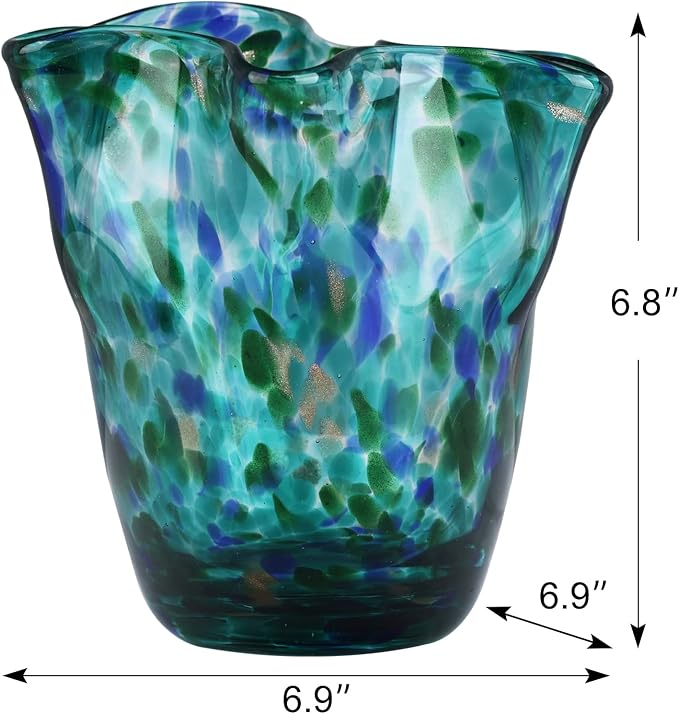 Hand Blown Glass vase, Green Wide-Mouth Petal-Shaped vase, Modern Glass Art Decoration, Ideal for Living Rooms, Kitchens, Weddings, Dining Tables, and Office Centerpiece Floral Arrangements.