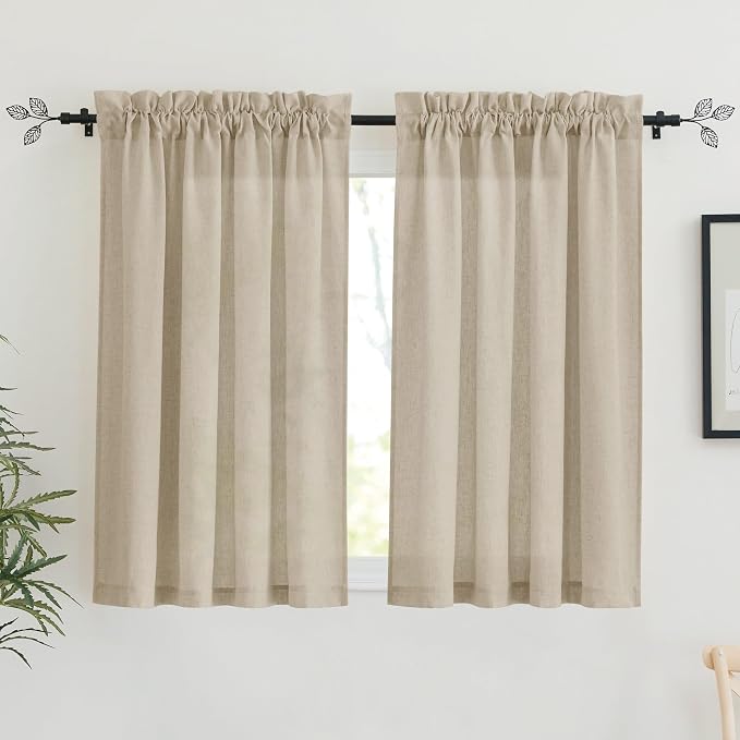 RYB HOME Linen Sheer Curtains 2 Panels for Living Room, Semi Transparent Privacy Drapes with Rod Pocket Farmhouse Style Window Treatments for Bedroom, Taupe, 52" W x 45" L