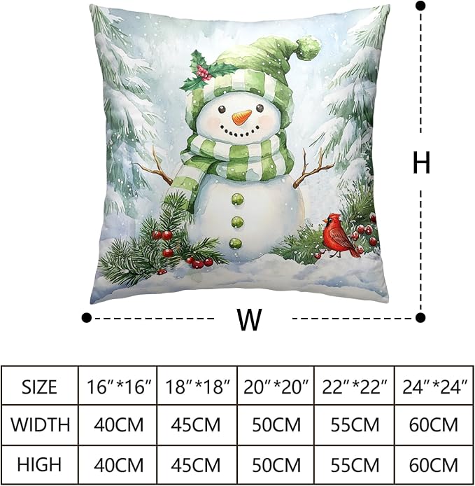 Set of 2 Winter Pillow Covers 24x24 Green Snowman Pine Tree Holly Berry Cardinal Bird Throw Pillow Covers Holiday Pillow Case for Home Decor Couch Sofa