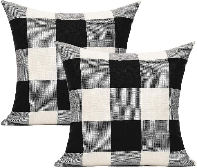 VAKADO Outdoor Plaid Throw Pillow Covers 18x18 Set of 2, Black & White | Buffalo check polyester, hidden zipper. Farmhouse gingham decor for porch, patio, outdoor & classroom. Machine washable.