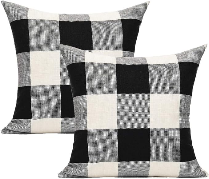 VAKADO 16x16 Inch Pack of 2 Farmhouse Buffalo Plaids Decorative Throw Pillow Covers Outdoor Classic Rustic Retro Square Cushion Cases Home Decor Check for Porch Couch Patio Bed, Black White | Buffalo check polyester, hidden zipper. Farmhouse gingham de...