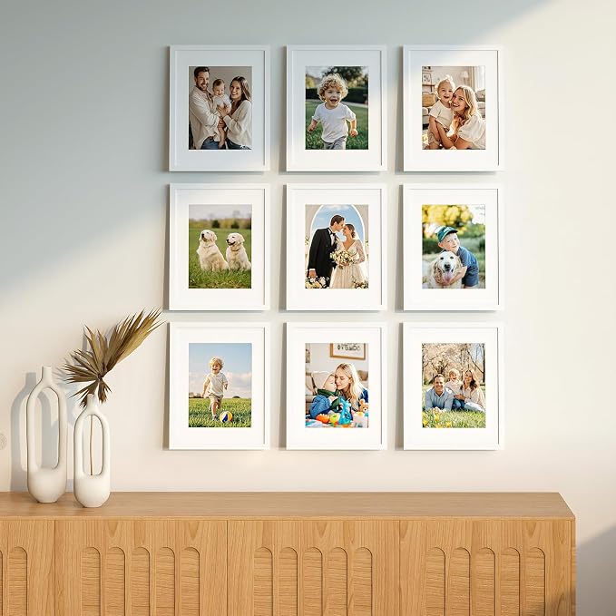 8x10 Picture Frame Set of 9, Display Pictures 5x7 with Mat or 8x10 without Mat, Multi Collage Gallery Square Photo Frames for Wall or Tabletop, White