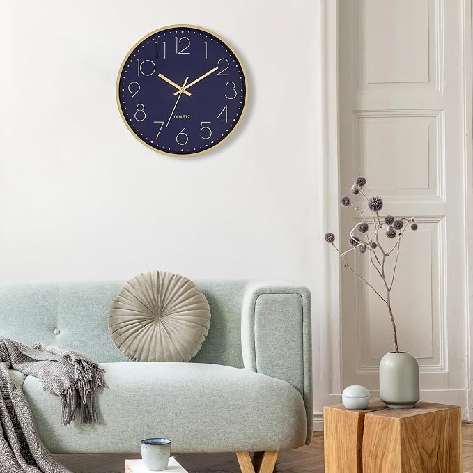 Foxtop 12" Modern Wall Clock Silent Battery Operated Metal Gold Clock | Dark Blue Dial, Non-Ticking, Round, Analog Clock, Quartz, Easy to Read, Living Room, Bedroom, Kitchen, Office