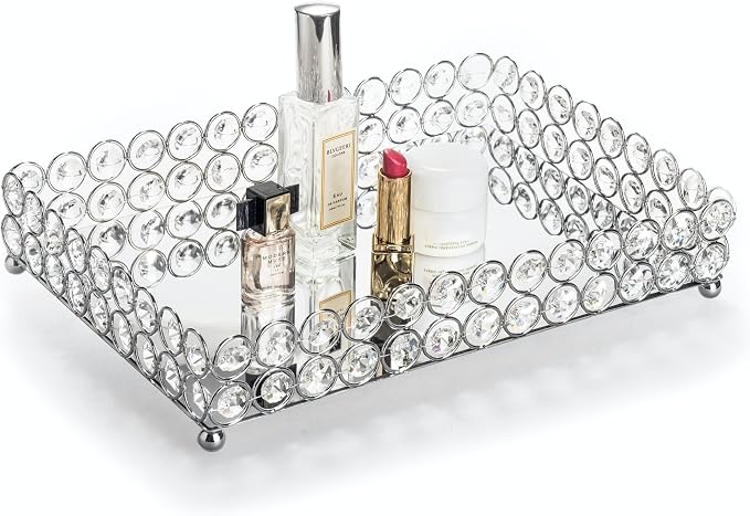 Feyarl Crystal Vanity Makeup Perfume Tray Ornate Jewelry Trinket Organizer Cosmetic Decorative Tray Skin Care Storage for Home Dressing Table Wedding Decoration(Rectangle 12" x 8")