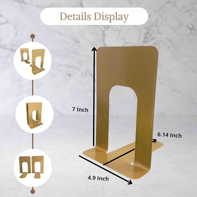 Alessk Dark Matte Gold Metal Bookends for Shelves – Heavy Duty Decorative Bookends for Heavy Books – Modern Book Ends for Office Bookshelf- has 3 Non-Slip Pads at the Bottom – 2Pairs (4 Pieces)