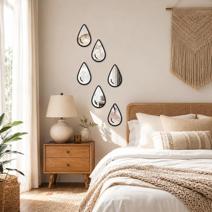 1 Set 6pcs Teardrop Mirror Wall Stickers, Self Adhesive Decorative Mirror Tiles, 5.9 x 3.5 Inch Water Drop Wall Mirror Decor for Bedroom Bathroom Living Room Entryway Modern Boho Accent