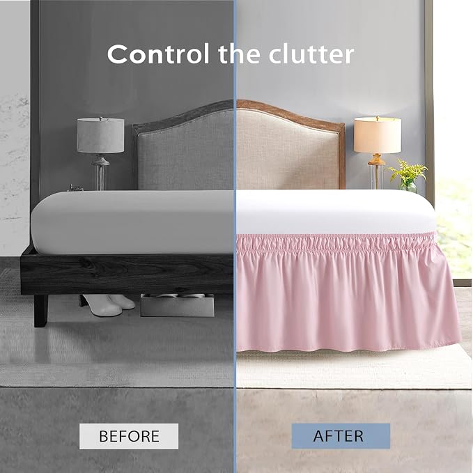 FreshCulture Elastic Wrap Around Bed Skirt - Queen Size, Easy Fit with 15-Inch Tailored Drop, Hotel Quality Dust Ruffle in Dusty Pink