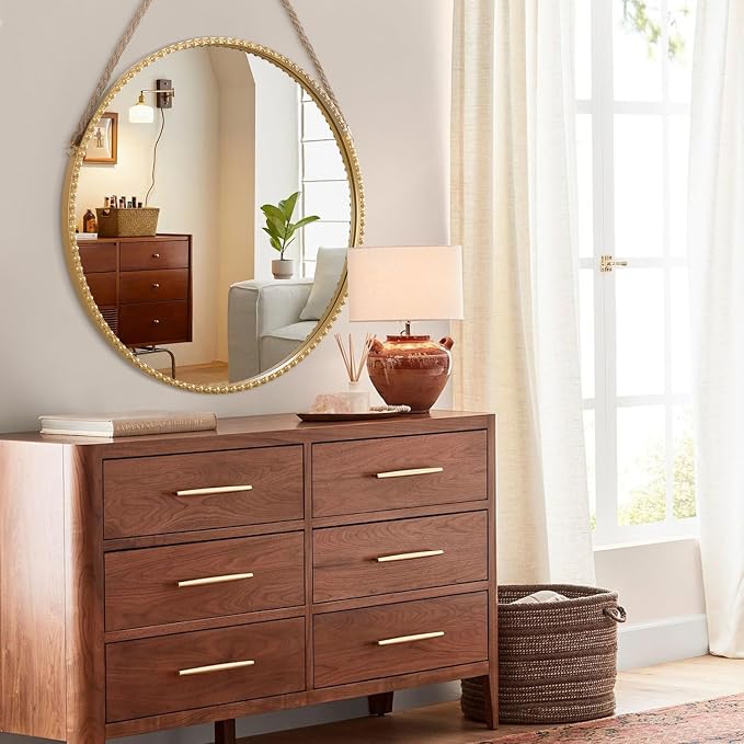 Circle Hanging Mirror Metal Framed Modern Wall Decorative Hanging Mirror Round Mirrors with Hanging Rope and Beaded for Bathroom Living Room Gold 24"