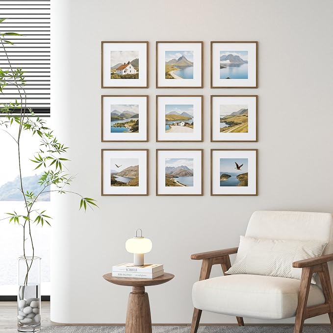 8x8 Picture Frame Set of 9, Display Pictures 4x4 with Mat or 8x8 without Mat, Multi Collage Gallery Square Photo Frames for Wall or Tabletop,Light Brown