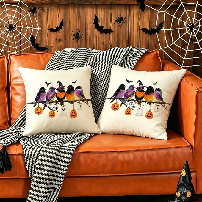 RABUSOFA Halloween Pillow Covers 20x20 Inch Halloween Decorations Outdoor | Watercolor Birds,Waterproof,Spooky Ghost Pumpkin Bat Halloween Decor,Supplies Accessories for Home Couch Party Patio