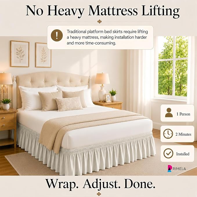 RIMELA Ivory Bed Skirt Queen Size 18 Inch Drop, Elastic Bed Skirting for Bed Base and Frame, Bedding Dust Ruffle Easy to Install, Lightweight Wrap Around Adjustable Bedskirt | Solid Ruffled, Easy to Use, No Mattress Lifting, Wrinkle & Fade Resistant, w...