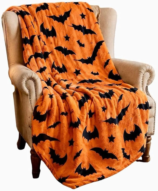 Halloween Fleece Throw Blanket, Black Bats on Orange background, 50x70 in | Ultra-soft cozy flannel fleece, for sofa couch bed chair & dorms, spooky Halloween décor, durable and machine washable.