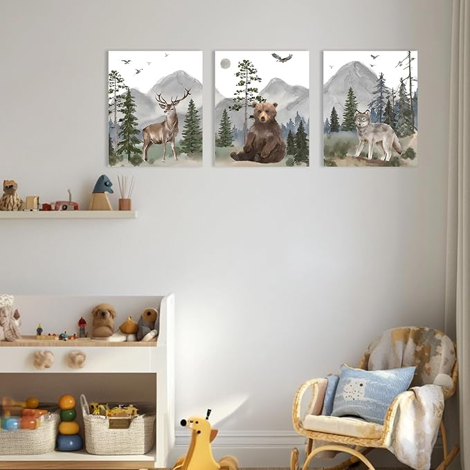 1 KINGO Woodland Animal Nursery Wall Art: 16"x24" Forest Wildlife Prints Canvas Posters Set of 3, Wolf Bear Elk Pictures Nursery Wall Decor for Kids' Bedroom, Boys & Girls Room