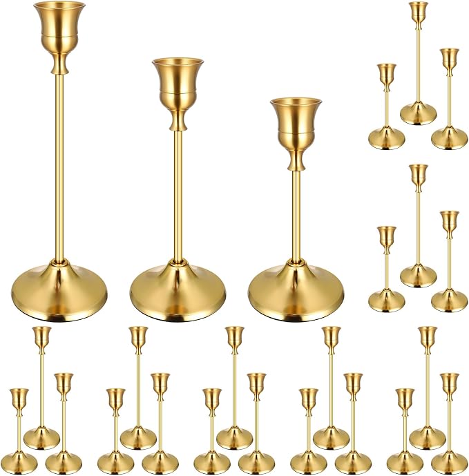 24PCS Brass Gold Taper Candle Holders Set, Vintage Metal Candlestick | Tall Table Centerpiece, Pillar & LED Candles, Wedding Reception, Festive Christmas Mantel Decoration