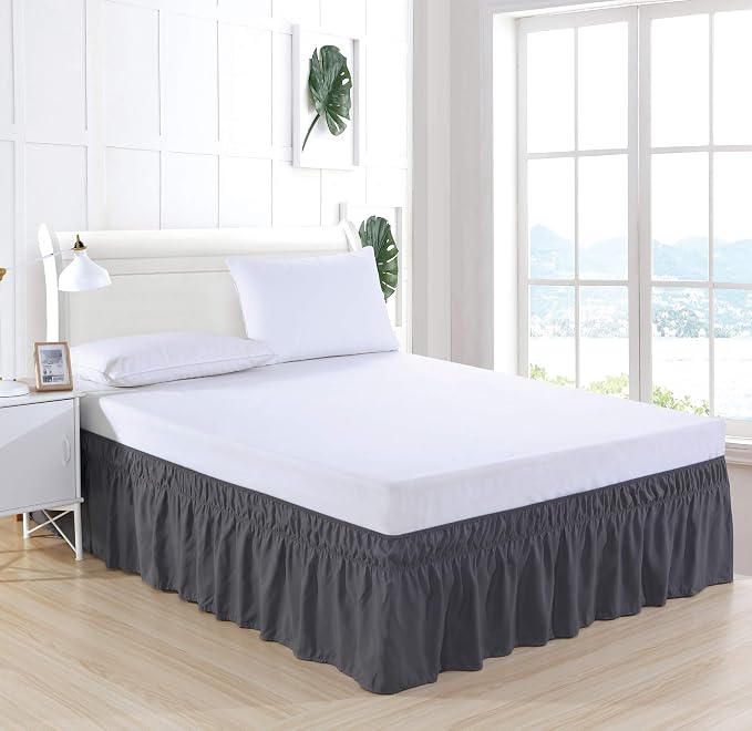 MEILA Wrap Around Bed Skirt for Queen & King Beds, 24" Drop, Dark Grey | Three-Side Adjustable Elastic Dust Ruffle, Ruffled Polyester Fabric, Easy to Install, Fade Resistant & Machine Washable