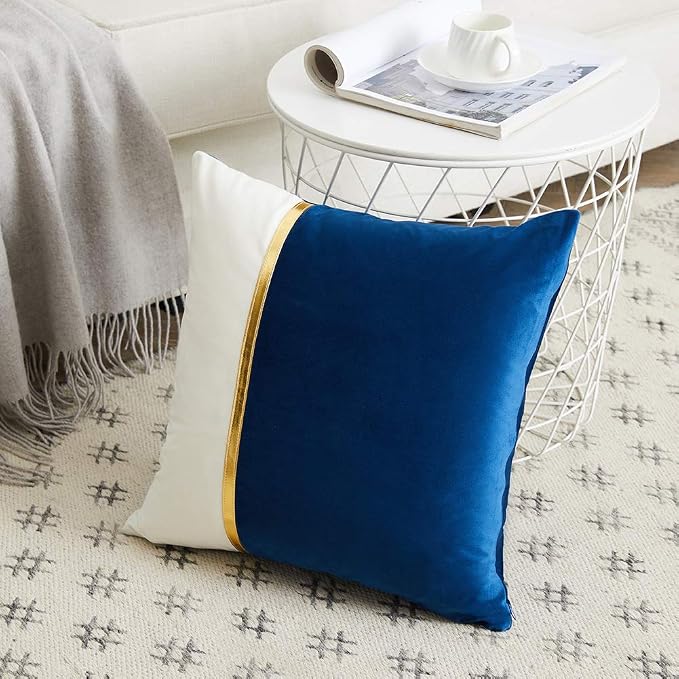 Fancy Homi 2 Packs Decorative Throw Pillow Covers 20x20 Inch for Living Room Couch Bed, Navy Blue and White Velvet Patchwork with Gold Leather, Luxury Modern Home Decor, Accent Cushion Case 50x50 cm