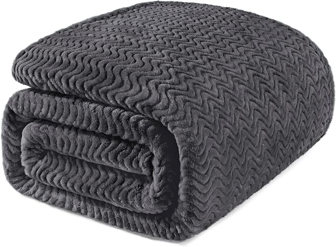 Exclusivo Mezcla Soft Fleece Blanket Queen Size for Bed, Sofa, Dark Grey | 90"x90" Breathable Lightweight Flannel Blanket for Summer, Plush Cozy Jacquard Wave for Home Decor