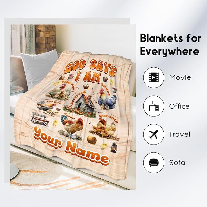 Custom Chicken Blanket with Name, Chicken Gifts for Women Adults Chicken Lovers, Kids Throw Blanket for Girls Boys, Inspirational Gifts for Women, Fleece Cozy Throw Blanket for Couch, 30"x40"