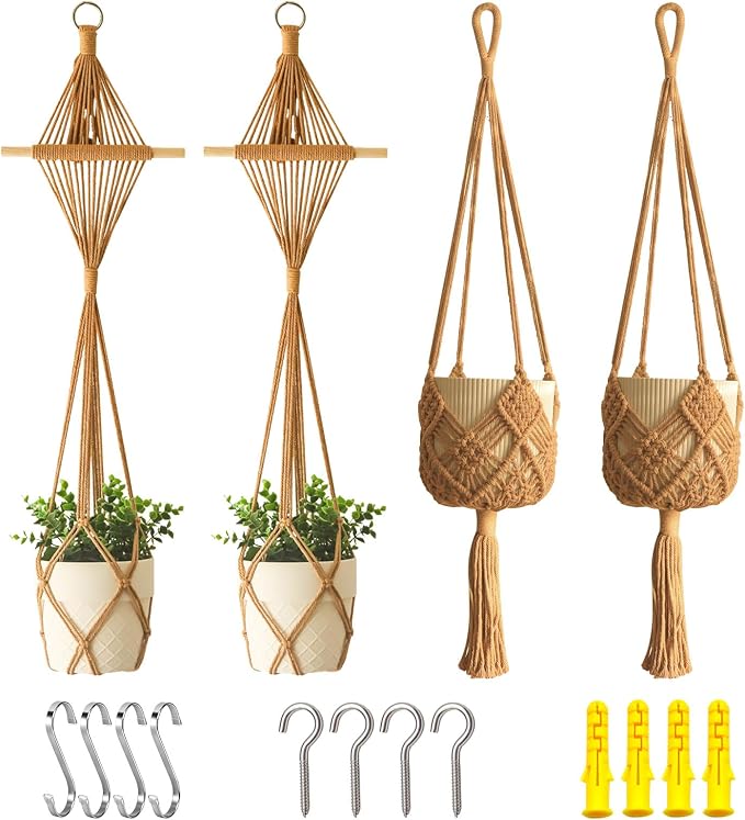 4 Pack Macrame Plant Hangers Indoor Up to 10 inch Pot, Boho Hanging Planters, Plant Holder with 8Pcs Stainless Steel Hooks