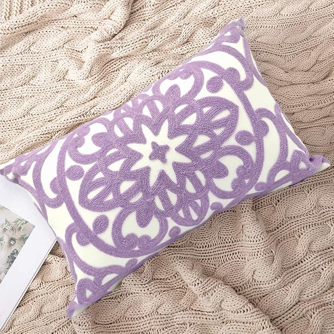 Alysheer Embroidered Lumbar Decorative Throw Pillow Cover 12"x 20", Classic Boho Mandala Embroidery Pattern Cotton Rectangular Cushion Case for Sofa Couch Living Room Bedroom(Lavender)