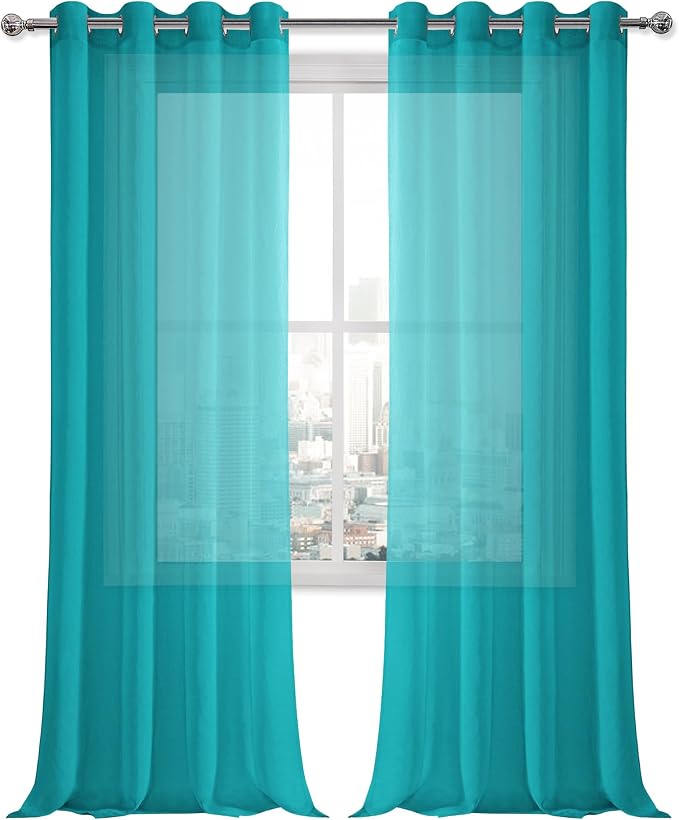 DWCN Turquoise Faux Linen Sheer Curtains - Grommet Voile Window Curtain Drapes for Bedroom Living Room 52 x 90 inches Long, Set of 2