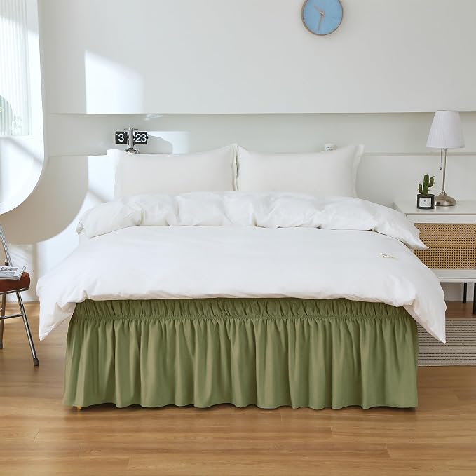 MEILA Wrap Around Elastic Bed Skirt for Twin & Full Beds, 24" Drop, Sage | Three-Side Adjustable Elastic Dust Ruffle, Ruffled Polyester Fabric, Easy to Install, Fade Resistant & Machine Washable