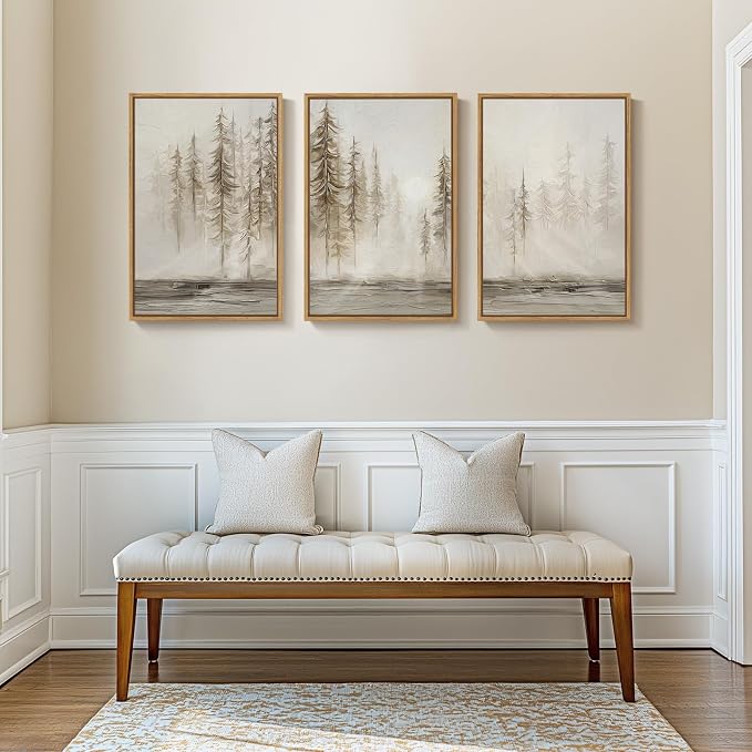 Framed Neutral Abstract Tree Landscape Wall Art for Living Room, 20x30 Inch | 3 piece, Modern, Canvas artwork, Pine tree forest picture, Farmhouse wall decor, Home office art, Ready to hang, Wood frame