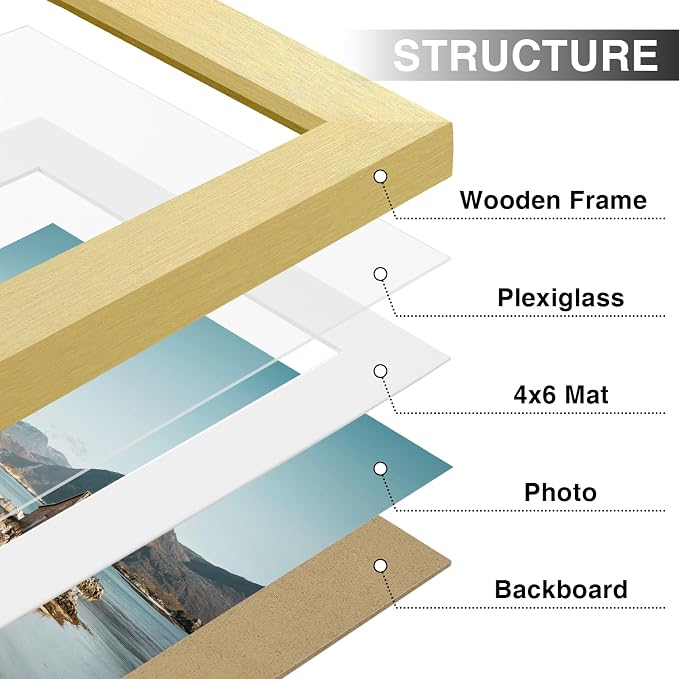 Vittanly 5x7 Picture Frames Set of 9 for Wall or Tabletop Display, Gold | Display Pictures 4x6 with Mat or 5x7 without Mat, Small Photo Frames, Engineered Wood with Shatter Resistant Plexiglass