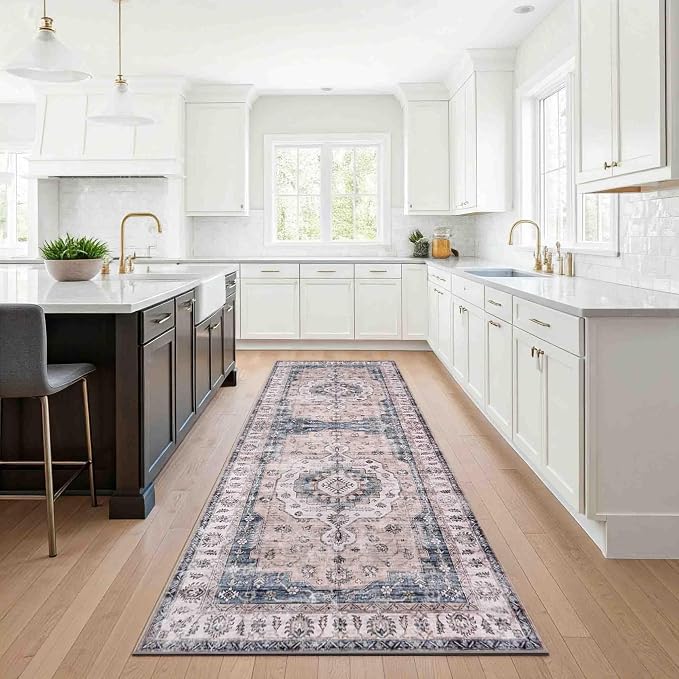 Machine Washable Area Rug, Soft & Durable, Non-Slip, Stain Resistant Rug for Bedroom, Living Room, Dining Room, High Traffic Areas. (Light Blue/Ivory, 2.5' X 7')