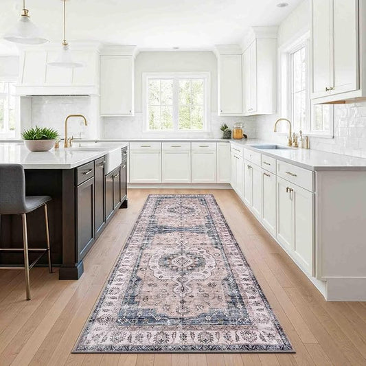 Machine Washable Area Rug, Soft & Durable, Non-Slip, Stain Resistant Rug for Bedroom, Living Room, Dining Room, High Traffic Areas. (Light Blue/Ivory, 2.5' X 7')