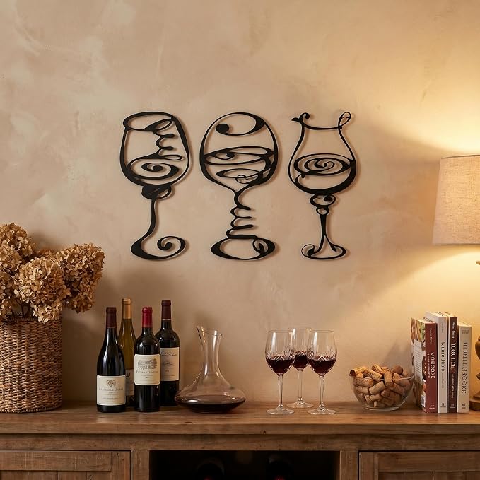 Otoolling 3 Pcs Wine Wall Art Black Metal Wine Sign 3 Style Modern Metal Bar Decor for Wall Drinker Gift for Dining Room and Entertaining Spaces (Abstract)