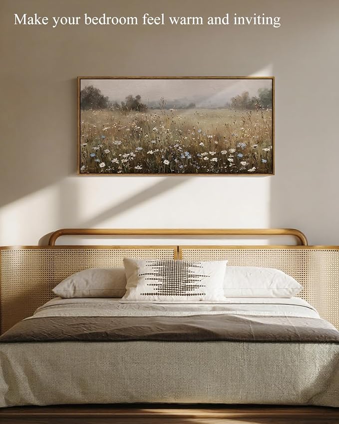 InSimSea Extra Large Framed Vintage Wall Art,Retro Wildflower Field,20x40In | Living Room Country Farmhouse Decor, Spring Landscape Canvas Prints, Scenery Long Pictures for Bedroom Above of Bed
