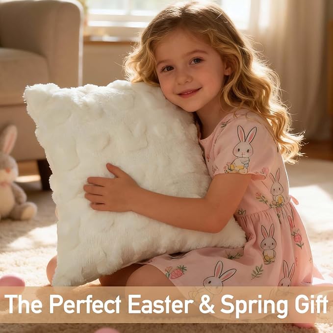 ONFAON Easter Decorations-Easter Day Pillow Covers,18x18 Inch Set of 2, White Heart and Bunny Soft Plush Faux Wool Throw Pillow Case for Bedroom Sofa Holiday Festivals Home Decor