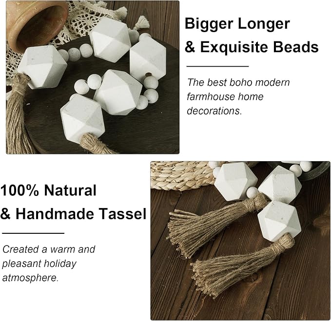 2" Octagonal Extra Large Wood Bead Garland with Tassels, 28" Long Rustic Farmhouse Wooden Beads Garland, Decorative Beads Boho Decorations for Home Table Mantle White
