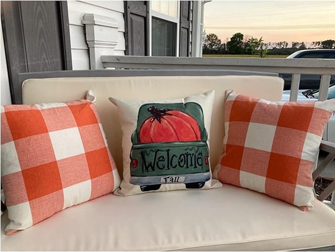VAKADO Orange Buffalo Plaid Fall Throw Pillow Covers 24x24 Set of 2 | Orange buffalo check polyester, hidden zipper.Outdoor Fall porch decor for Thanksgiving. machine washable.