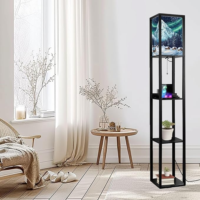 Floor Lamp with Shelves Woodcut Winter Capped Mountain Coniferous Forest Standing Tall Lamp USB Ports & Power Outlet Modern Corner Lamp Nightstand Light for Living Room Bedroom