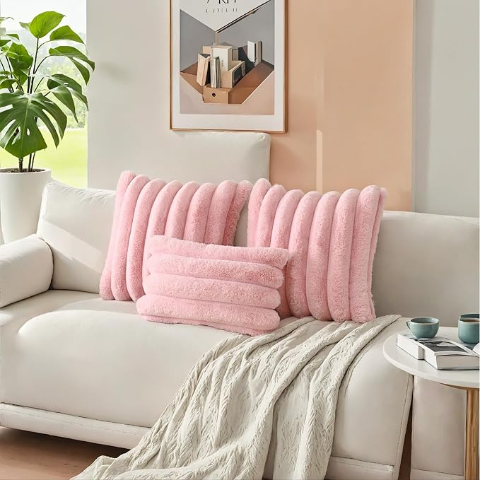 HAUSSY Pack of 2 Pillow Covers 18x18 Inch, Faux Fur Decorative Couch Throw Pillows Soft Striped Plush Cushion Covers Home Decor Cute Furry Pillowcase for Living Room Sofa Bed, Pink (Covers Only)