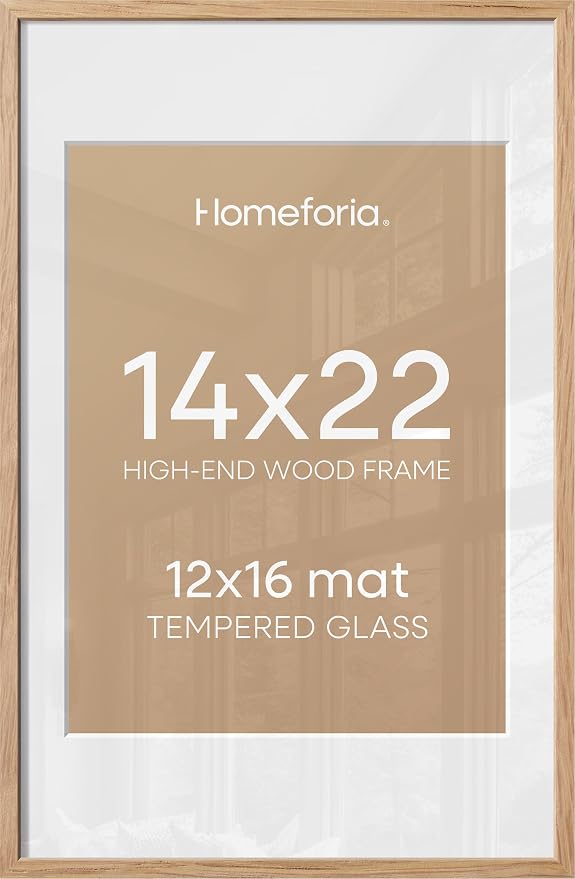 Homeforia 14x22 Natural Oak Picture Frame, High-End Wood, 12x16 Mat, Glass