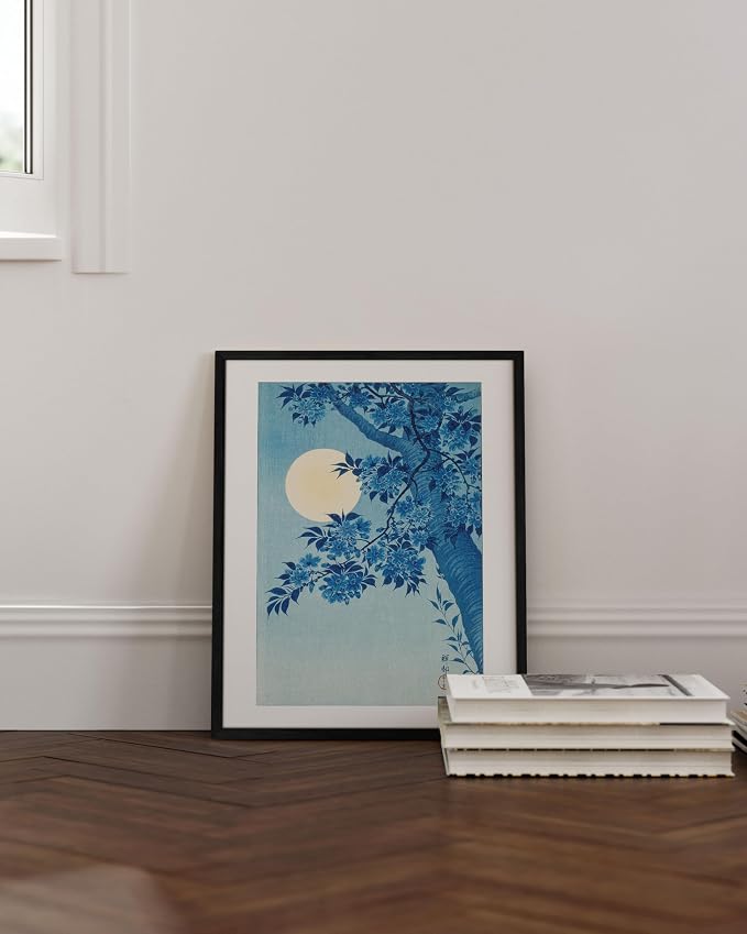 HAUS AND HUES Blue Posters - Japandi Blue Flower & Cherry Blossom Wall Art, (16x20 Unframed)