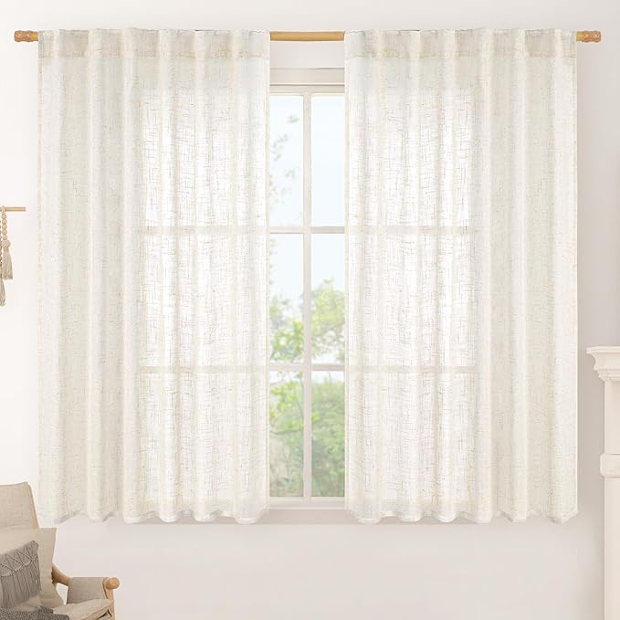 Linen Semi Sheer Curtains for Small Window 40 Inch Length | Light Filtering, Neutral, Farmhouse Boho, Curtains for Bedroom, Rod Pocket Back Tab Panels, Cream, 2 Panels, 52 x 40 Inch