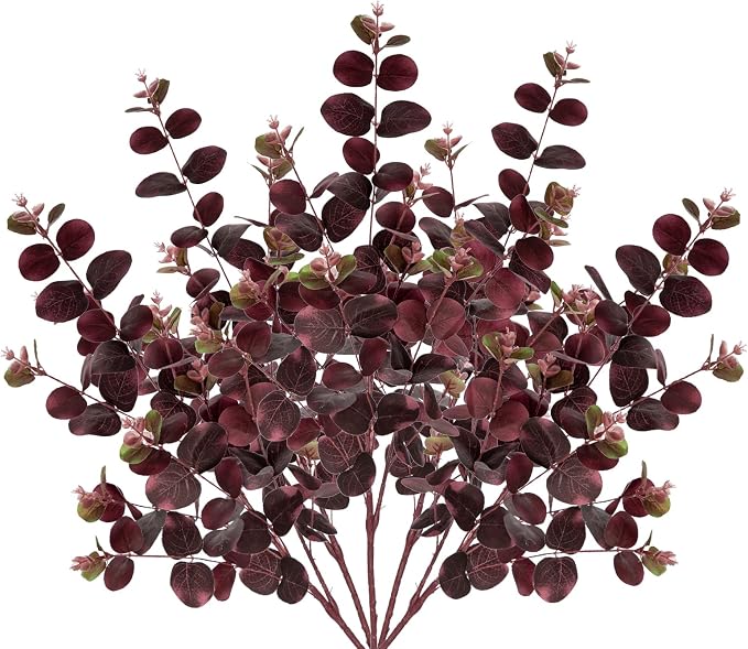 GnFlus 5 Pcs Artificial Fall Eucalyptus Stems Burgundy 30" Fake Silk Plants | Decor for Floral Arrangements, Fake Plant Farmhouse Decor, Home Wedding Decorations (Wine Red)